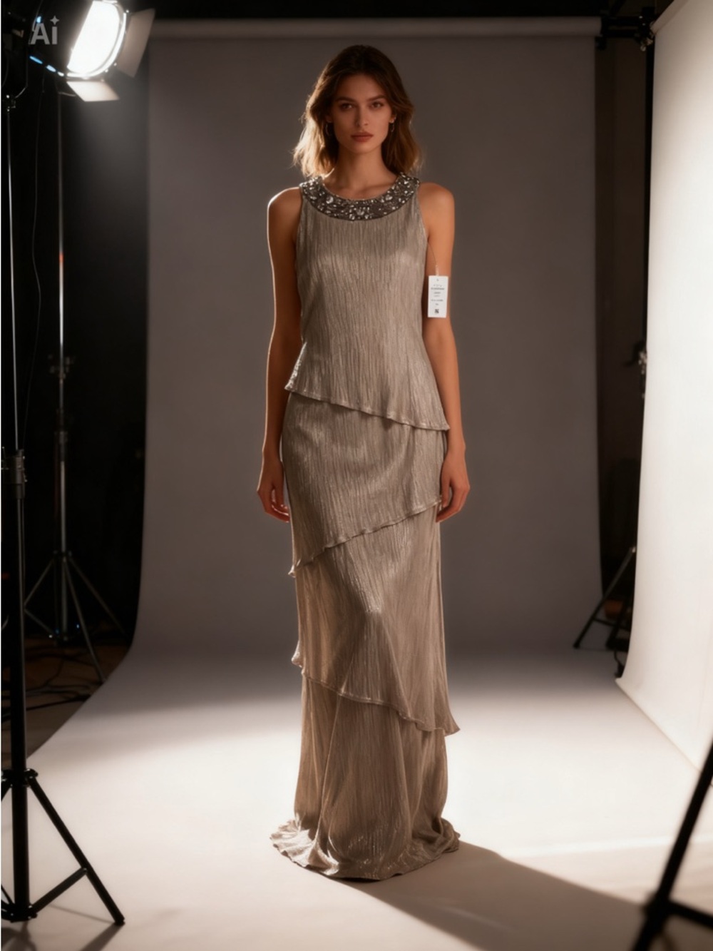 R&M Richards Metallic Taupe Tiered Maxi Dress with Beaded Neckline